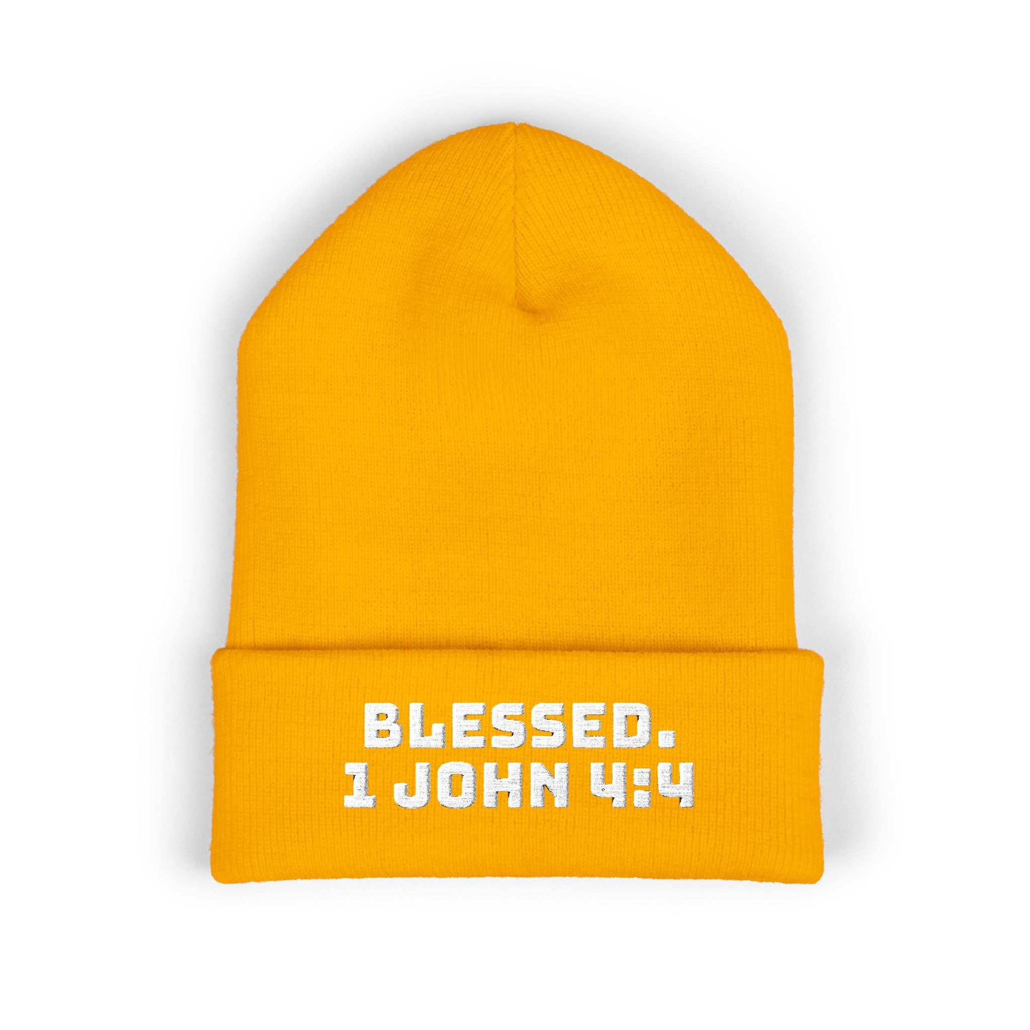 “BLESSED. 1 John 4:4” Embroidered Cuffed Beanie