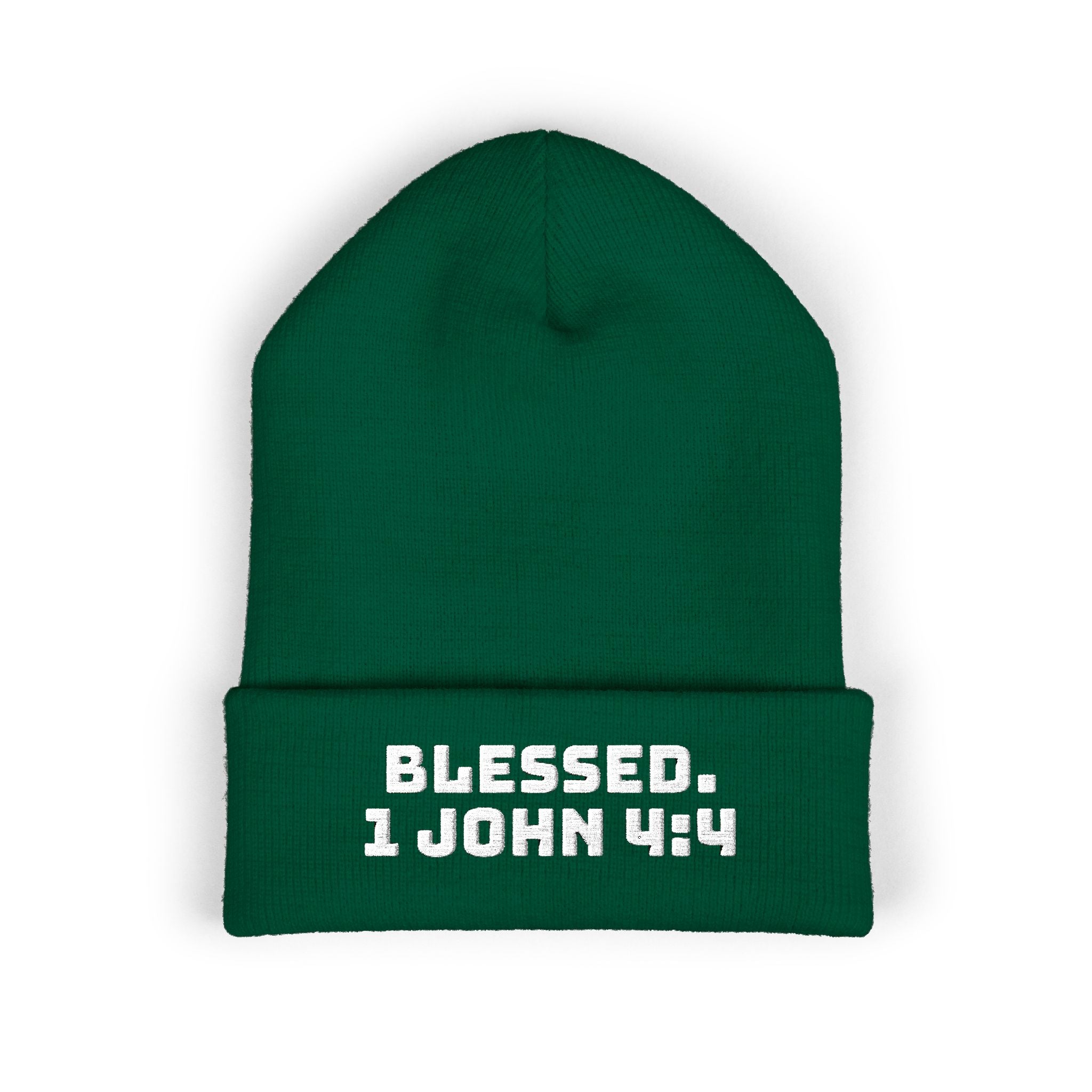 “BLESSED. 1 John 4:4” Embroidered Cuffed Beanie