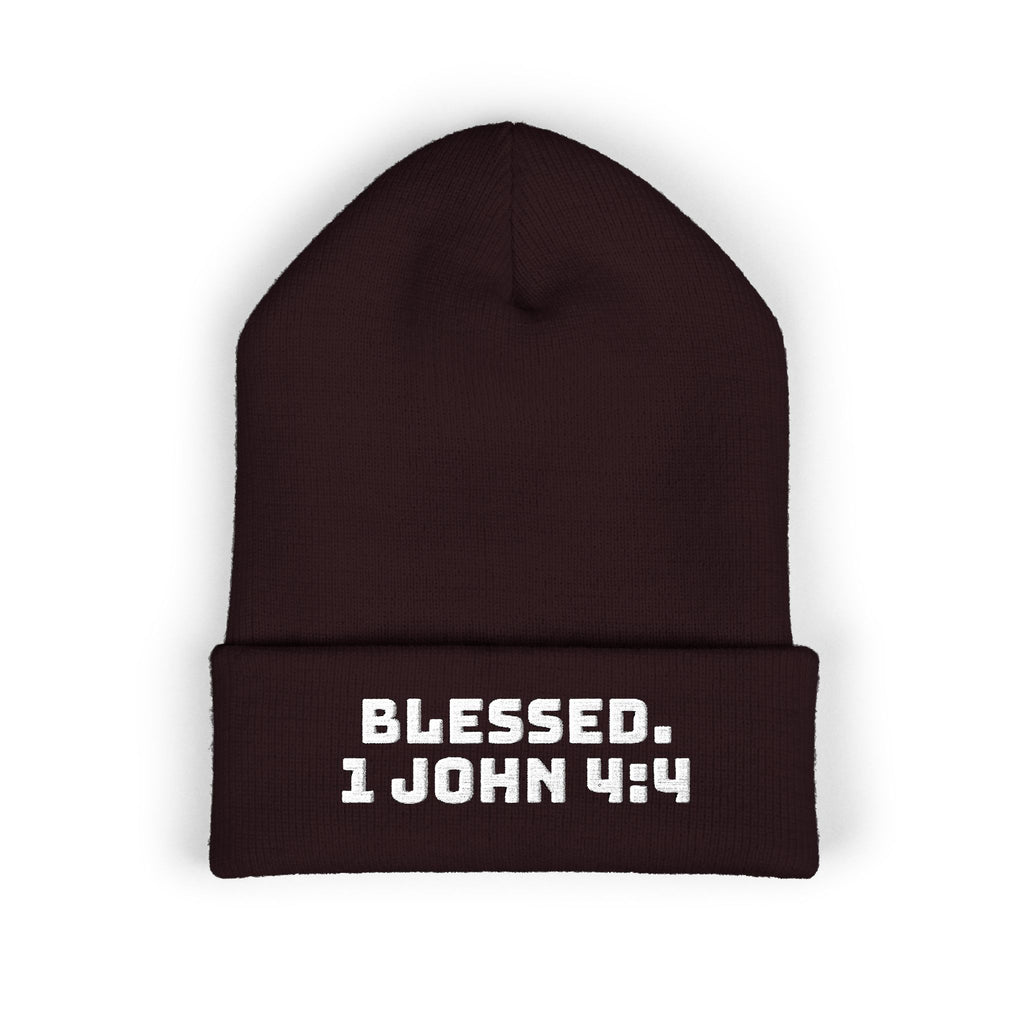 “BLESSED. 1 John 4:4” Embroidered Cuffed Beanie