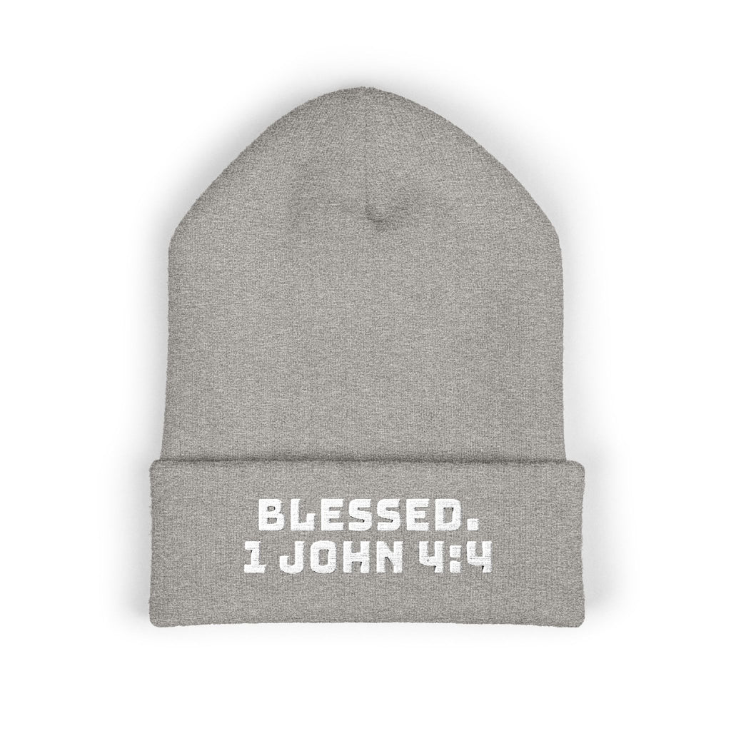 “BLESSED. 1 John 4:4” Embroidered Cuffed Beanie