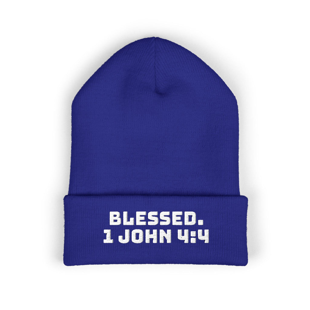 “BLESSED. 1 John 4:4” Embroidered Cuffed Beanie