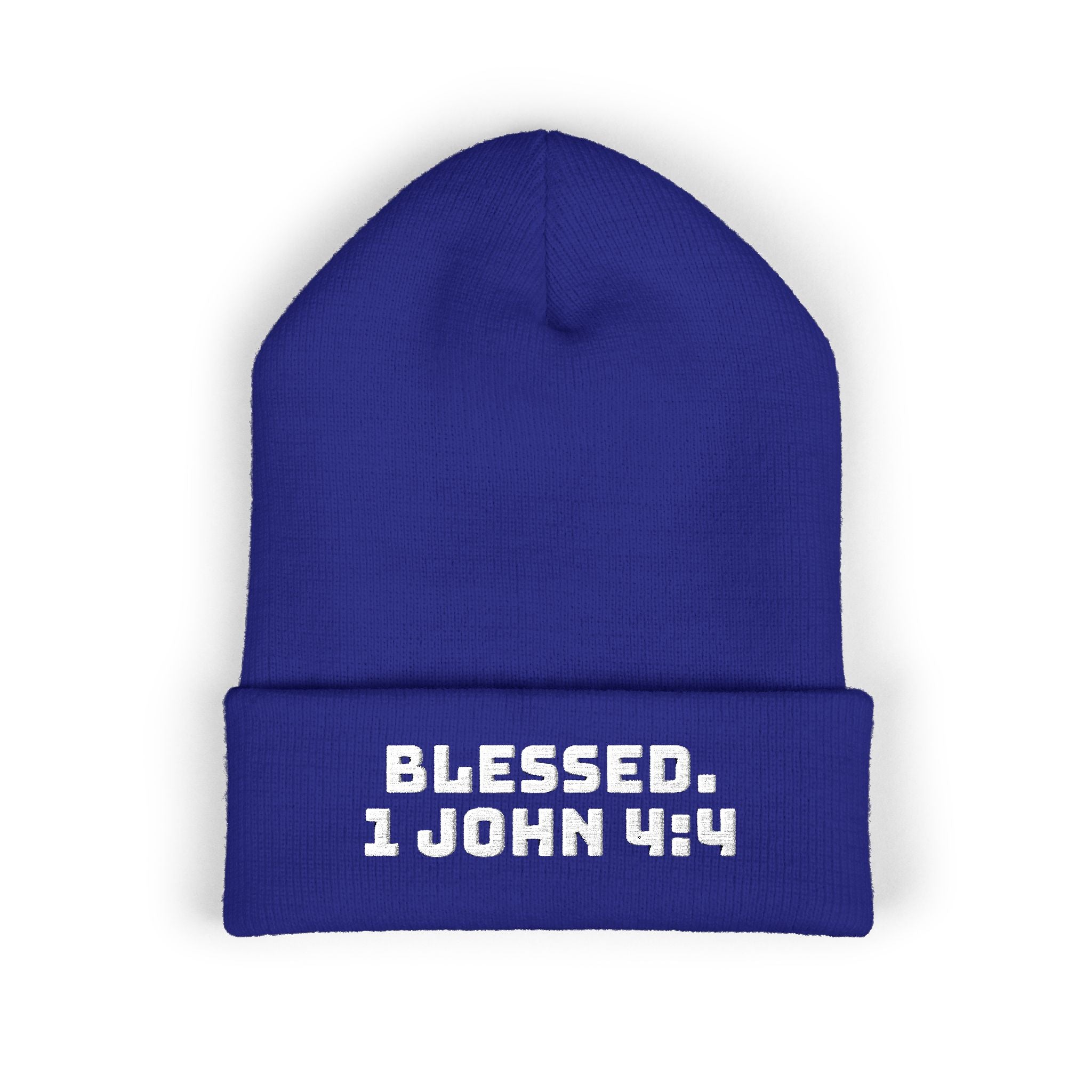 “BLESSED. 1 John 4:4” Embroidered Cuffed Beanie