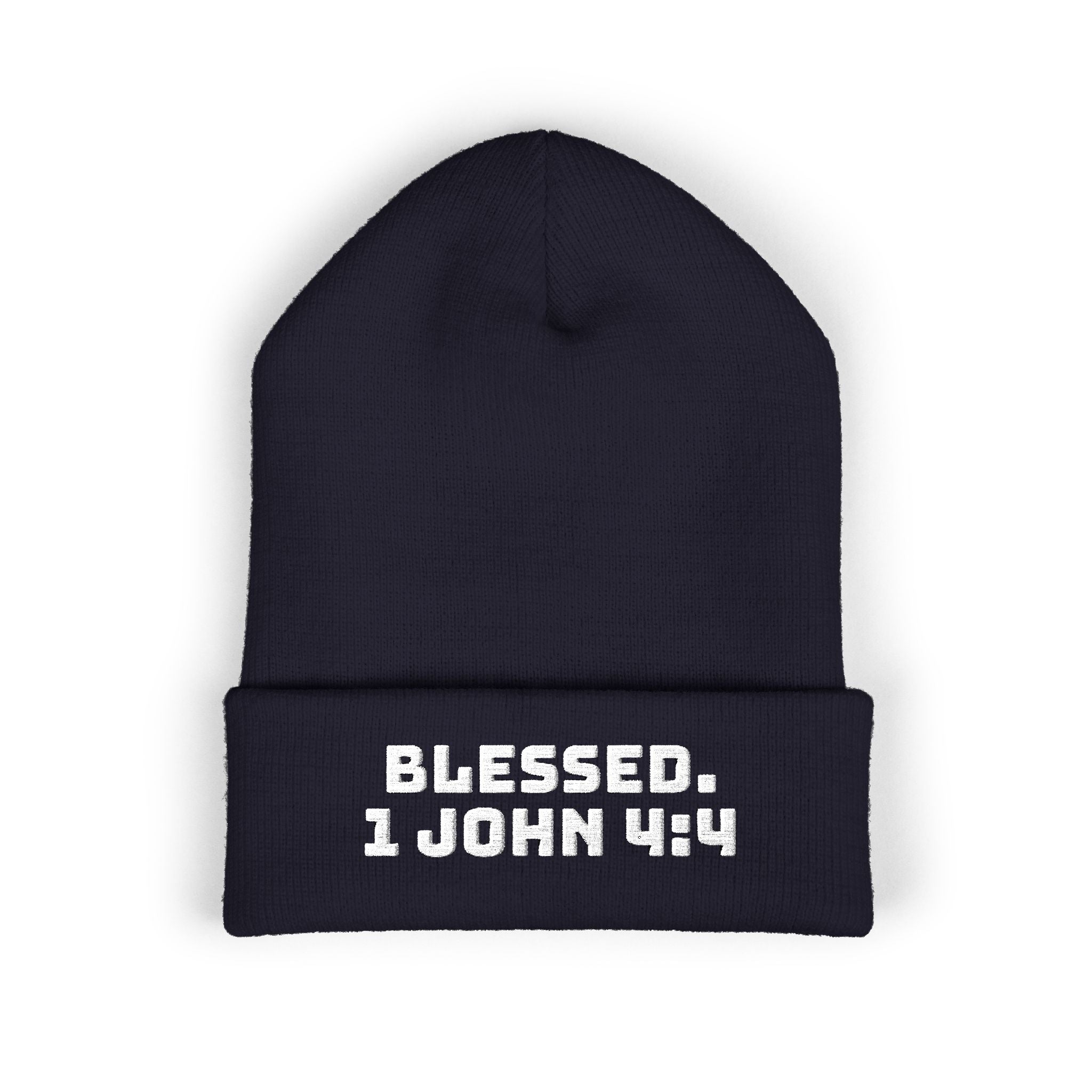 “BLESSED. 1 John 4:4” Embroidered Cuffed Beanie