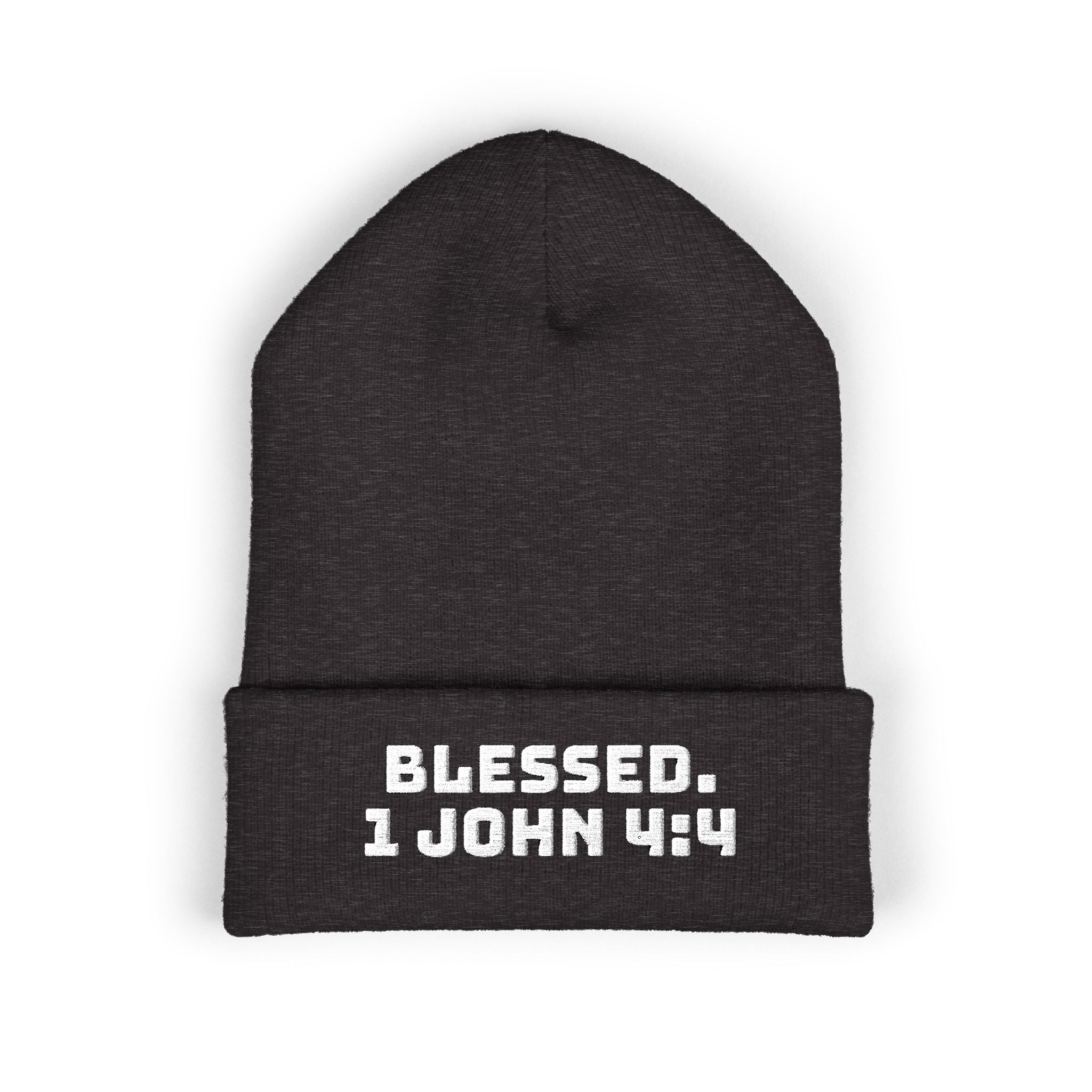 “BLESSED. 1 John 4:4” Embroidered Cuffed Beanie