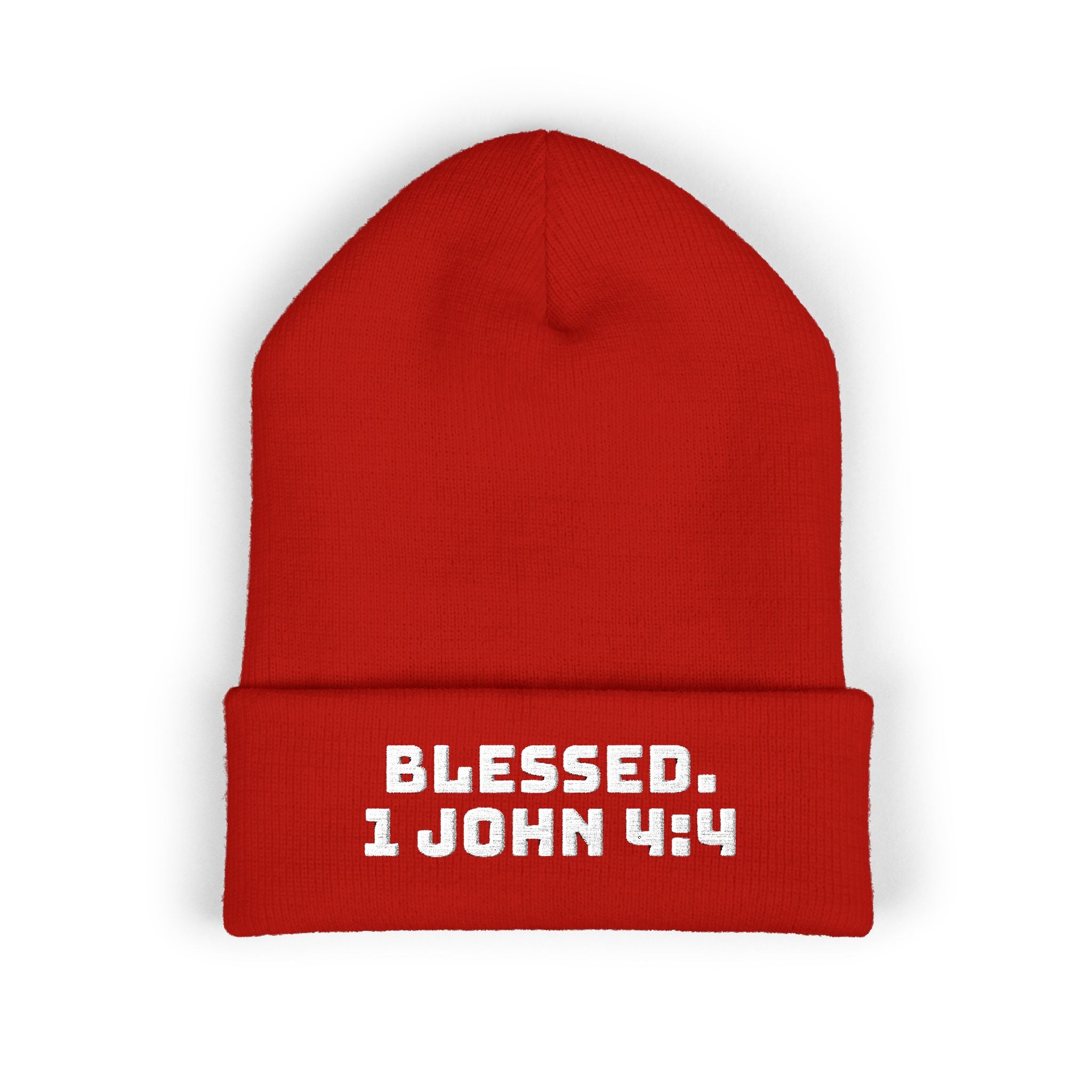 “BLESSED. 1 John 4:4” Embroidered Cuffed Beanie