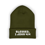 “BLESSED. 1 John 4:4” Embroidered Cuffed Beanie