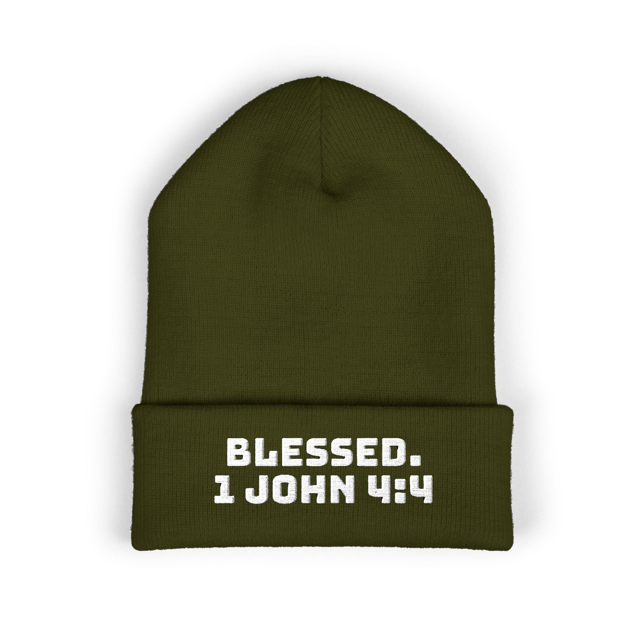“BLESSED. 1 John 4:4” Embroidered Cuffed Beanie